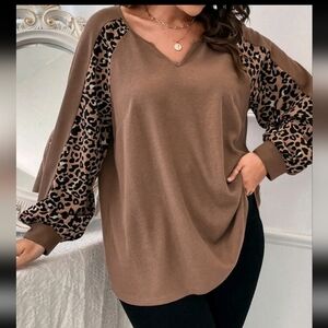 SHEIN Size 1XL Brown Blouse with Leopard Print Sleeves